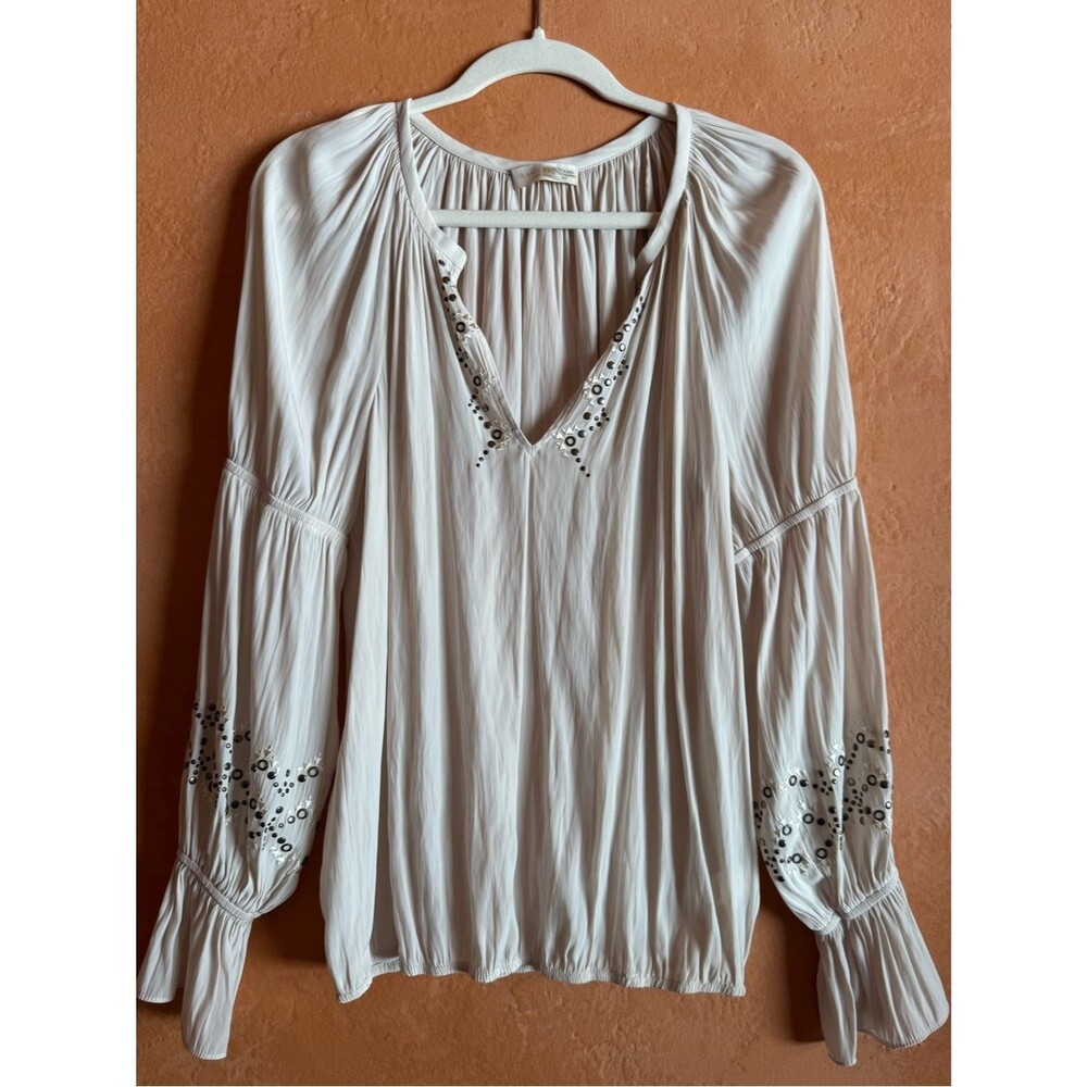 Ramy Brook White Embellished V-Neck Peasant Blouse Medium